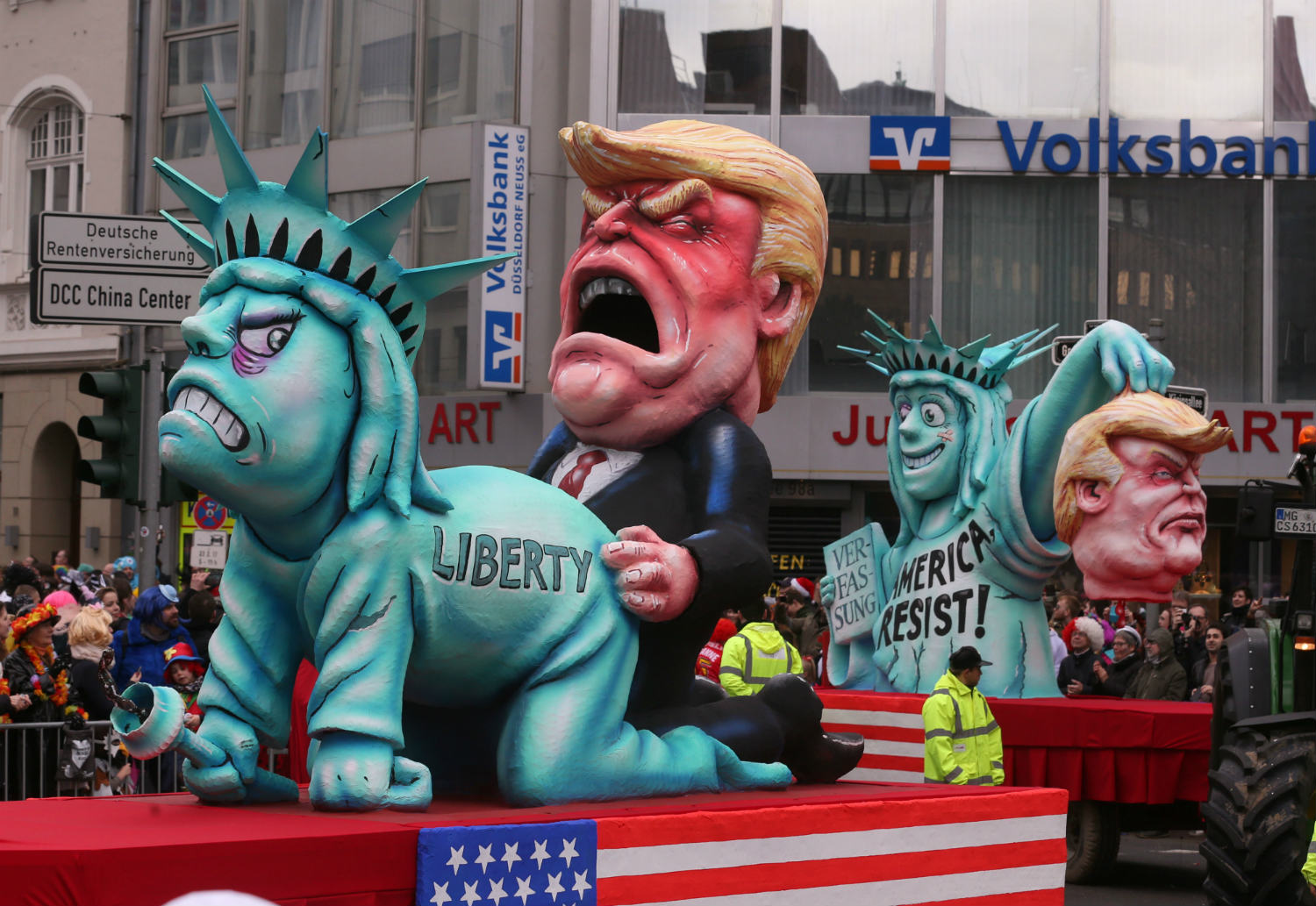 German Parade Float Shows Trump Raping Statue Of Liberty Before Losing His Head